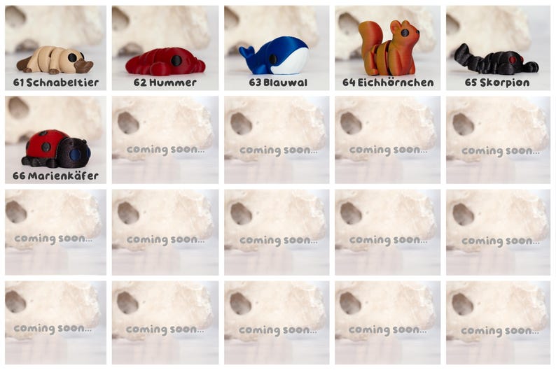 May include: A collection of small animal figurines including a tan platypus, red lobster, blue whale, orange squirrel, black scorpion, and red ladybug. Each item is labeled with a number and name, such as 61 Schnabeltier and 66 Marienk&auml;fer.
