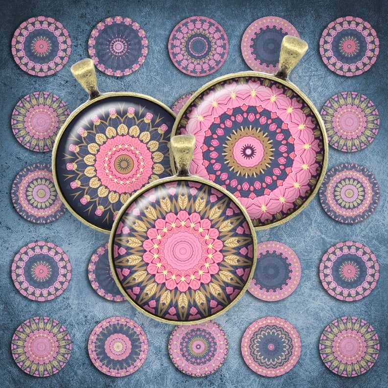 076 Digital Collage Sheet 1inch Round image mosaic kaleidoscope mandala 25mm bottle cap Circle Pendant Instant Download Jewelry Making Bild 1