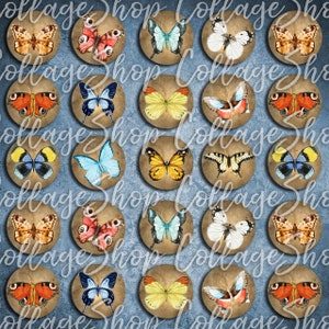 141-Digital Collage Sheet 1 inch Round image butterfly vintage 25 mm bottle cap Circle Pendant Instant Download Jewelry Making image 2