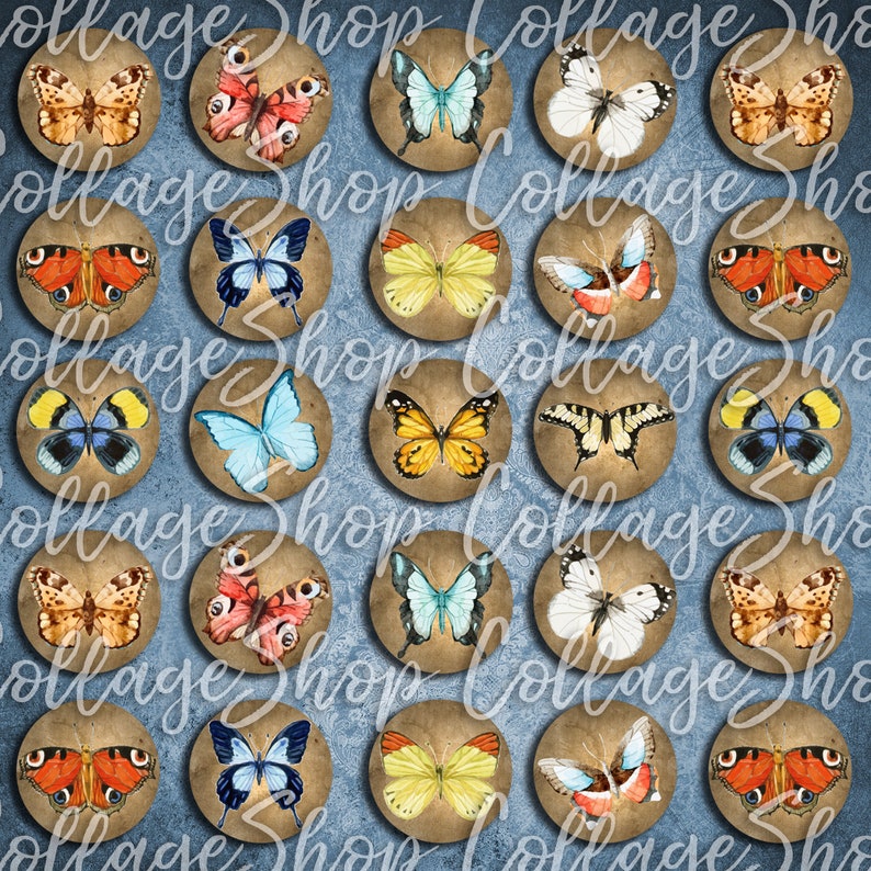 141-Digital Collage Sheet 1 inch Round image butterfly vintage 25 mm bottle cap Circle Pendant Instant Download Jewelry Making image 2