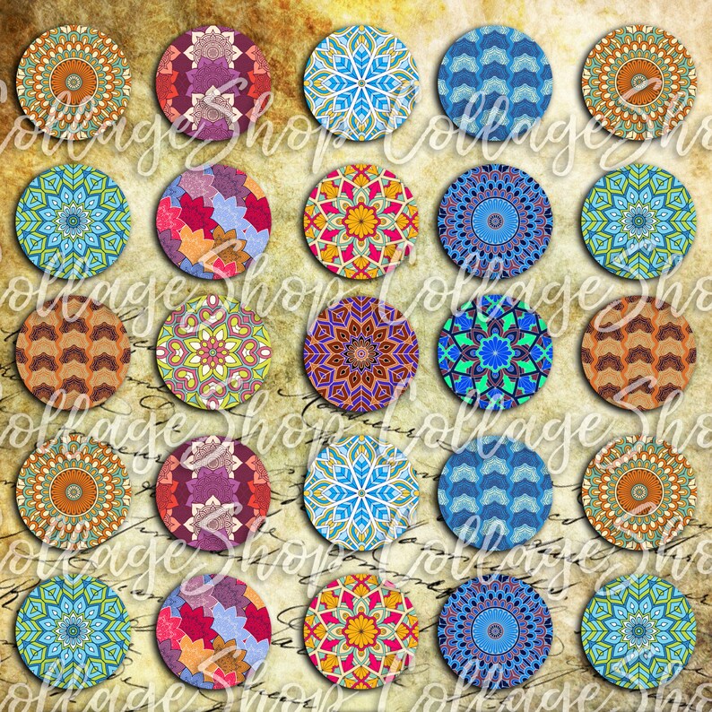 048-Digital Collage Sheet 1 inch Round image mandala pattern mosaic 25 mm bottle cap image Circle Pendant Instant Download Jewelry Making image 2