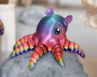 Impressão 3D Flexi-Octopus | Polvo 3D brilhante com gradiente de arco-íris | Brinquedo terapêutico totalmente articulado | Brinquedos de mesa