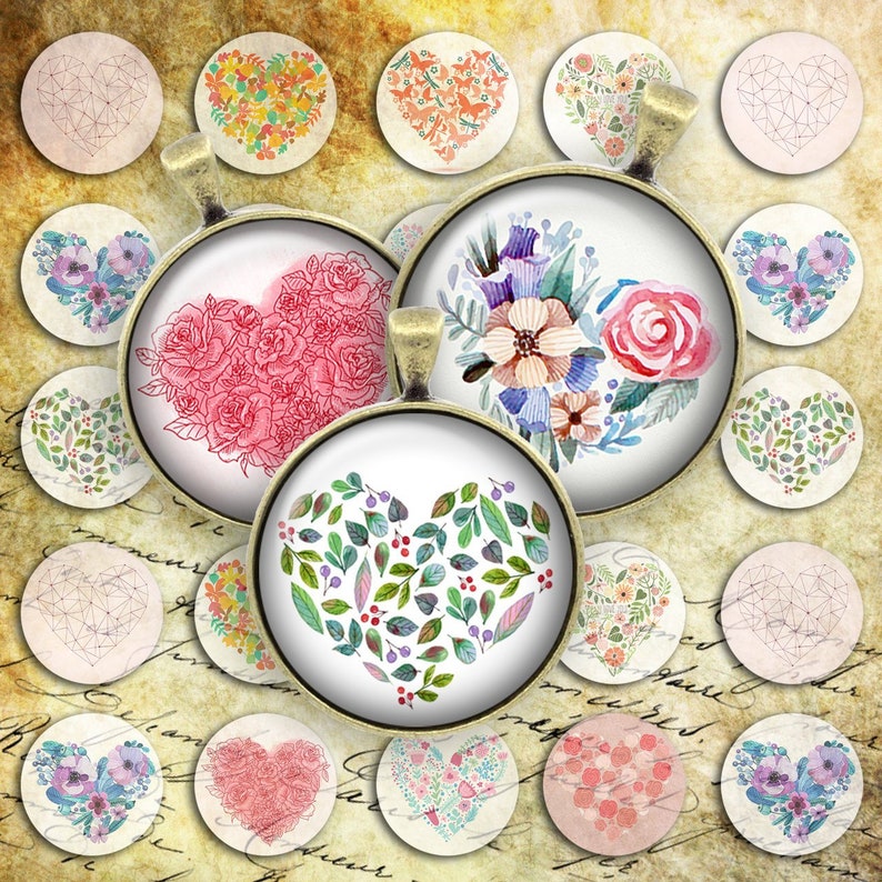 003-Digital Collage Sheet 1 inch Round image heart love valentine 25 mm bottle cap image Circle Pendant Instant Download Jewelry Making image 1