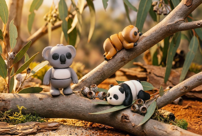 May include: Three small animal figurines made of smooth material: a standing grey koala with a white belly, a climbing tan sloth with dark eye patches, and a resting black and white panda, all positioned on a textured wooden branch with green leaves.