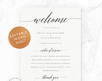 Wedding Program Editable Template · Ceremony Schedule · Wedding Ceremony Welcome · Instant Download ·  Half Letter, Word · Emilie Suite