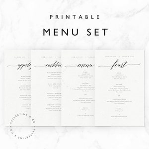 May include: Printable menu set with four sections: Appetizers, Cocktails, Menu, and Feast. Each section has a handwritten title and lists food and drink options. The background is a light beige with a subtle texture.