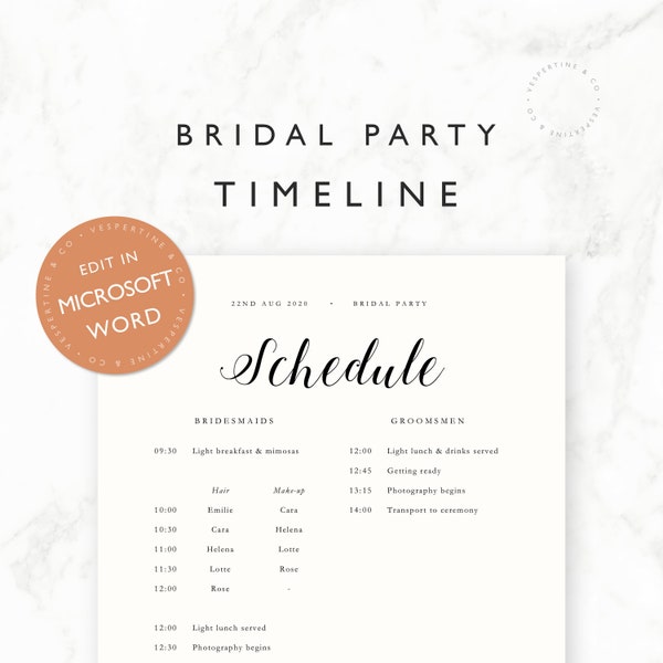 Wedding Timeline · Bridal Party Wedding Morning / Getting Ready Schedule · Letter, Half Letter, A4, A5, Editable Word Document · Olympia