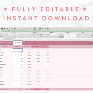 Peut inclure: Une feuille de calcul de budget de mariage rose et blanche avec le titre "Wedding Budget" et un budget total de 30 000,00 &euro;. La feuille de calcul comprend des cat&eacute;gories telles que "Admin", "Key vendors", "Stationary", "Attire", "Flowers", "Accommodation", "Transport", "Beauty", "Ceremony", "Reception", "Gifts", "Other events", et "Honeymoon".