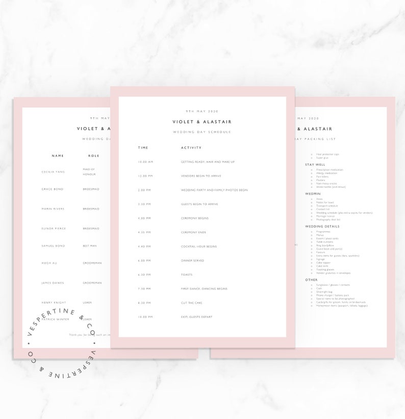 Wedding Timeline Template Bridal Wedding Day Schedule, Packing List Tasks List Editable in Microsoft Word Apple Pages Violet Suite image 8