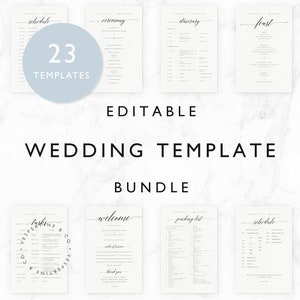 May include: A set of 23 editable wedding templates in a bundle. The templates include a schedule, ceremony, itinerary, feast, welcome, packing list, and tasks. The templates are designed in a minimalist style with black text on a white background.