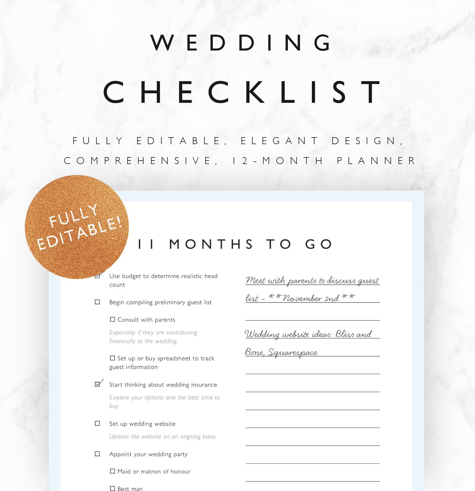 editable wedding checklist 12 month wedding planner etsy