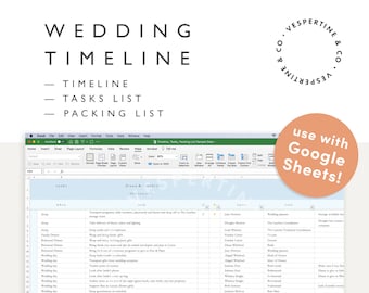 Modello di foglio di calcolo del modello di cronologia del matrimonio · Programma del giorno del matrimonio nuziale, elenco delle attività del matrimonio, lista dei bagagli · Modificabile in Excel o Fogli Google
