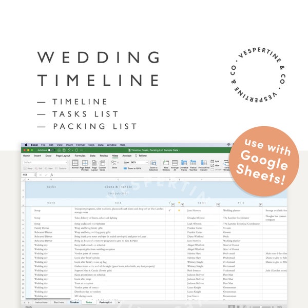 Hoja de cálculo de plantilla de línea de tiempo de boda · Horario del día de la boda nupcial, Lista de tareas de boda, Lista de embalaje · Editable en Excel o Hojas de cálculo de Google