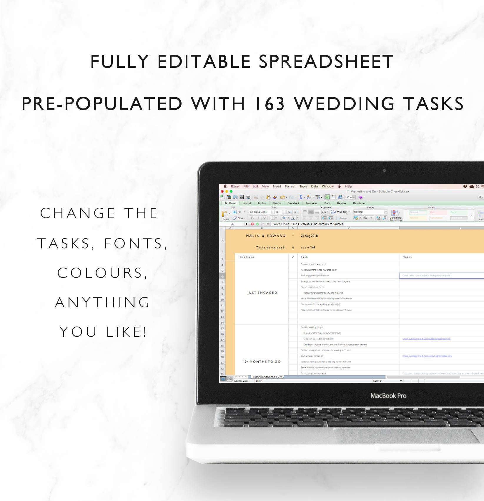 Editable Wedding Checklist Excel Spreadsheet 12 Month - Etsy