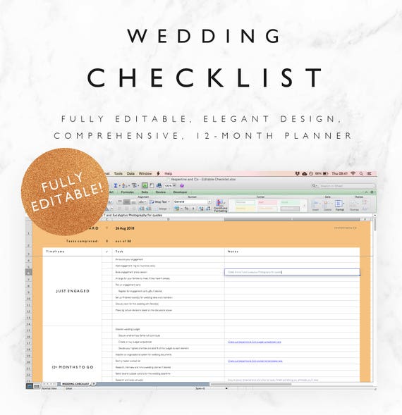 Editable Wedding Checklist Excel Spreadsheet 12 Month | Etsy