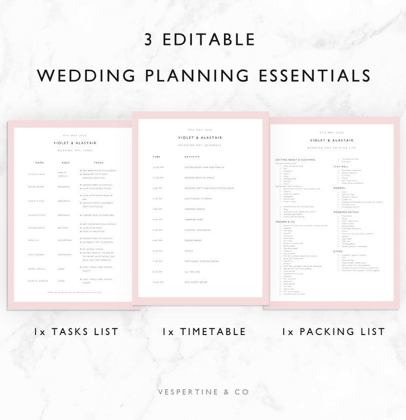 Wedding Timeline Template Bridal Wedding Day Schedule, Packing List Tasks List Editable in Microsoft Word Apple Pages Violet Suite image 3
