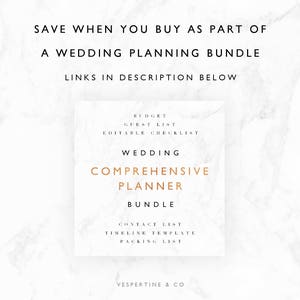 Peut inclure: Un carr&eacute; blanc avec du texte noir sur un fond de marbre blanc. Le texte dit "Save when you buy as part of a wedding planning bundle. Links in description below." Le carr&eacute; comprend &eacute;galement le texte "Wedding Comprehensive Planner Bundle" et liste les &eacute;l&eacute;ments suivants : "Budget, Guest List, Editable Checklist, Contact List, Timeline Template, Packing List". Le texte "Vespertine & Co" appara&icirc;t en bas du carr&eacute;.