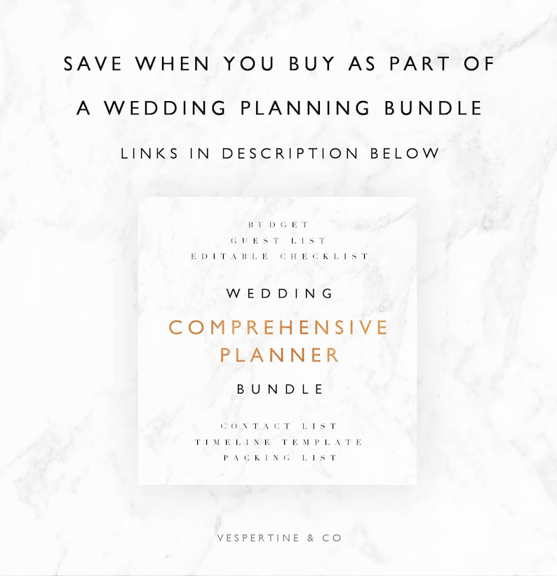 Peut inclure: Un carr&eacute; blanc avec du texte noir sur un fond de marbre blanc. Le texte dit "Save when you buy as part of a wedding planning bundle. Links in description below." Le carr&eacute; comprend &eacute;galement le texte "Wedding Comprehensive Planner Bundle" et liste les &eacute;l&eacute;ments suivants : "Budget, Guest List, Editable Checklist, Contact List, Timeline Template, Packing List". Le texte "Vespertine & Co" appara&icirc;t en bas du carr&eacute;.