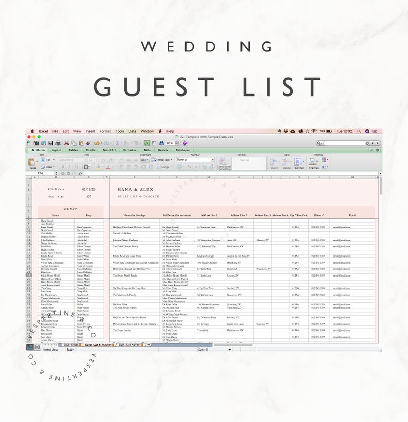 Wedding Guest List Planner and Guest List Tracker Excel Spreadsheet Google Sheets Wedding RSVP tracker, Guest Spreadsheet Editable image 1