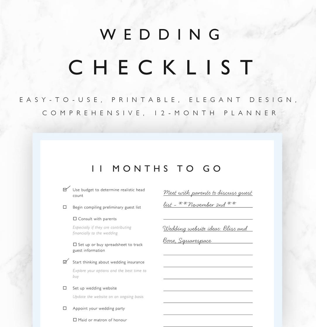 Wedding Checklist Printable - 12 Month Wedding Planning Checklist, Wedding to Do List, Wedding ...