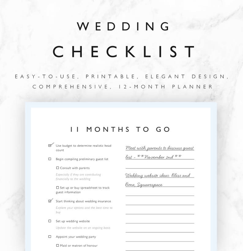 wedding checklist printable 12 month wedding planning etsy