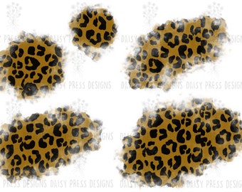 May include: Four digital illustrations of leopard print in a watercolor style. The background is white. The leopard print is in shades of brown and black.