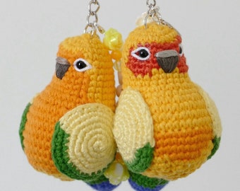 Custom Sun Conure Keychain & Name Crochet Amigurumi, Crochet bird, Gift for parrot lovers