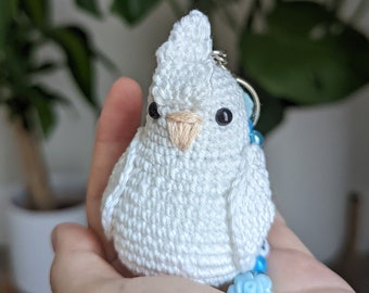 Custom Albino Cockatiel Crochet Keychain: Personalized Bird Lover Gift