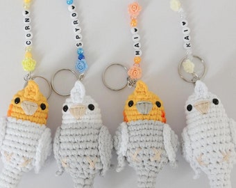 Handmade Crochet Cockatiel Keychain with Name Tag, Crochet Amigurumi, Crochet bird, Gift for parrot lovers