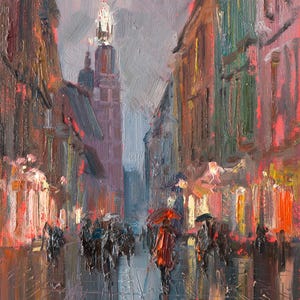 Florian street. Cracow, Oil painting, 40x30 cm, canvas on a stretcher. City landscape painted from the nature. Jarosław Tarnowski. Rainy day