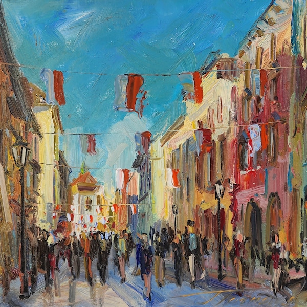 Dzień flagi, Flag Day, Oil painting, cityscape. Olej, płótno. Pejzaż miejski. Prawdziwe dzieło sztuki.