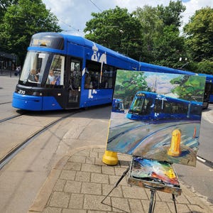 クラクフの路面電車、Tramwaj krakowski。油彩、キャンバス、平野習作、路面の絵画。都市風景。絵画