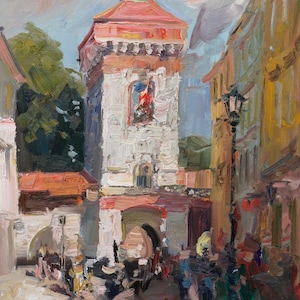 Florian Gate. Cracow, Oil painting, canvas on a stretcher. City landscape painted from the nature. Jarosław Tarnowski