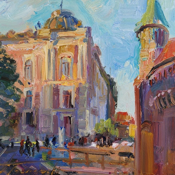 Architektura Krakowa, Cracow Architecture, Oil painting, cityscape. Olej, płótno. Pejzaż miejski. Prawdziwe dzieło sztuki.