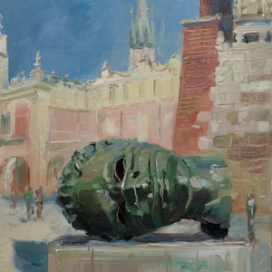 On the Market, Eros Bendato. Cracow, Oil painting, canvas on a stretcher. City landscape painted from the nature. Jarosław Tarnowski