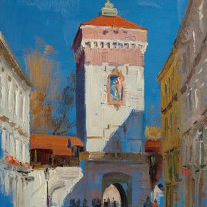 Florian Gate, Blue Shadows. Cracow, Oil painting, canvas on a stretcher. City landscape painted from the nature. Jarosław Tarnowski