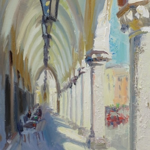 Pillars of Sukiennice. Cracow, Oil painting, canvas on a stretcher. City landscape painted from the nature. Jarosław Tarnowski
