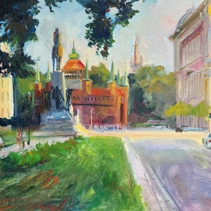 Jan Matejko Square. Cracow, Oil painting, canvas on a stretcher. City landscape painted from the nature. Jarosław Tarnowski