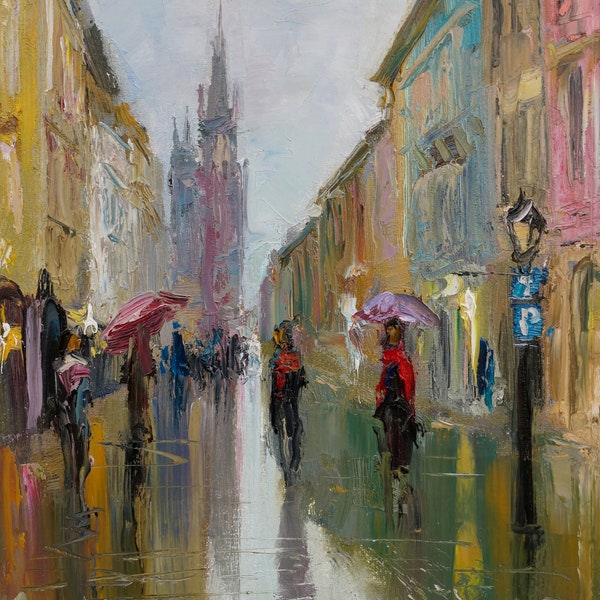 Deszczowy Kraków, olej, płótno, pejzaż miejski. Rainy Cracow, oil, canvas, cityscape