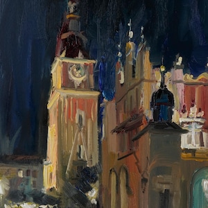 Nocturne. Cracow, Oil painting, canvas on a stretcher. City landscape painted from the nature. Jarosław Tarnowski