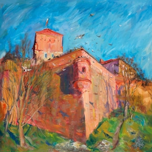 Pigeons above Wawel. Cracow, Oil painting, canvas on a stretcher. City landscape painted from the nature. Jarosław Tarnowski