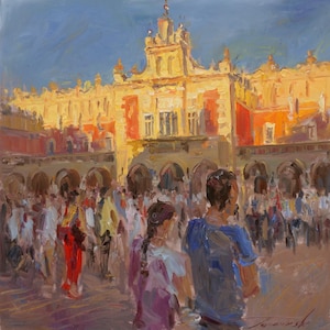 Sukiennice. Cracow, Oil painting, canvas on a stretcher. City landscape painted from the nature. Jarosław Tarnowski