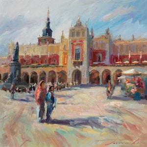 Sukiennice. Cracow, Oil painting, canvas on a stretcher. City landscape painted from the nature. Jarosław Tarnowski