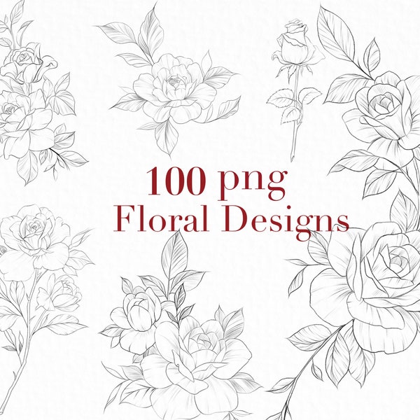 Rose Fine Line Artwork, Fleurs de jardin, Dessin au trait botanique, png, Clipart, Dessin à la main