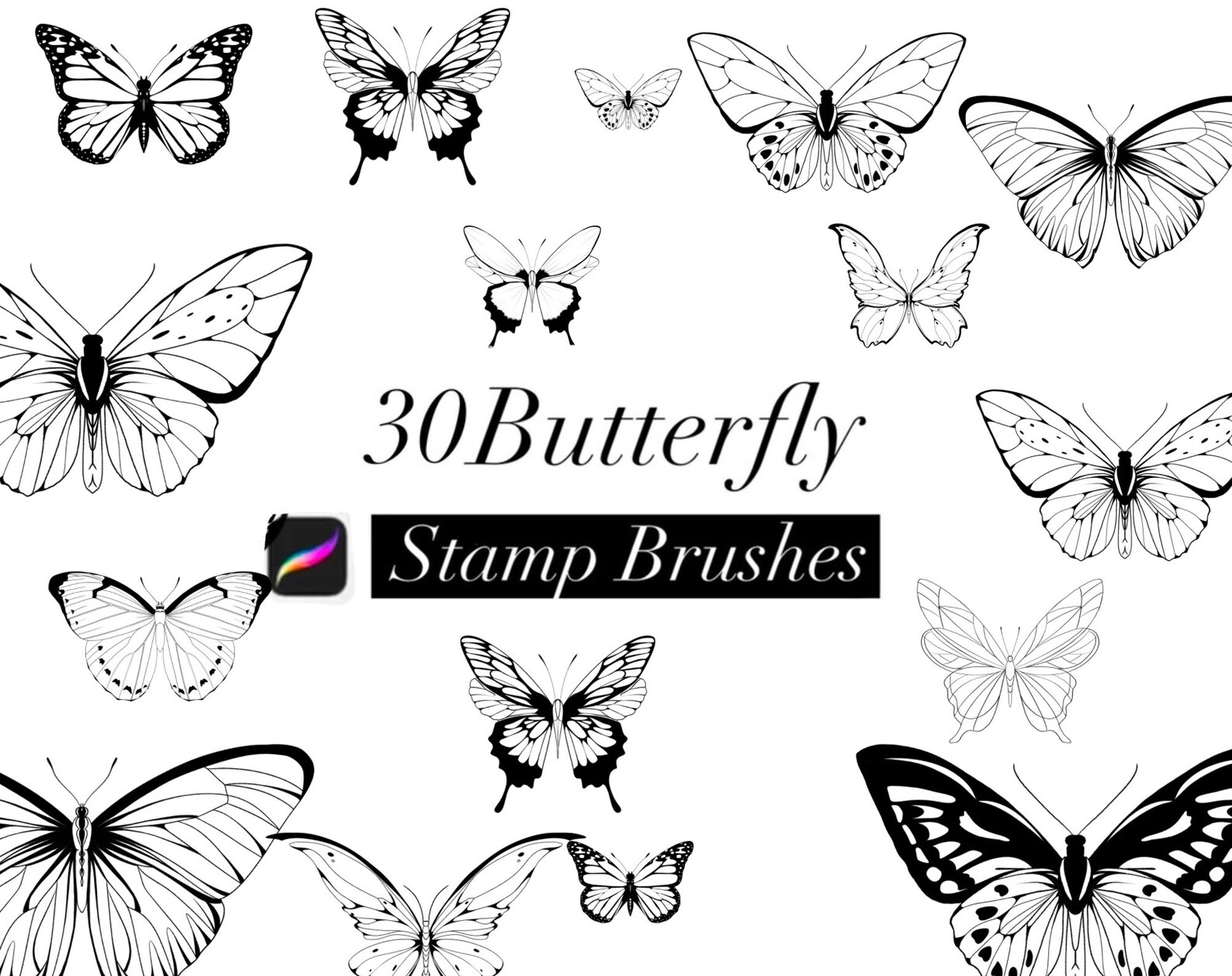 30 Butterfly Stamps for Procreate, Reproduction Butterfly Stamps