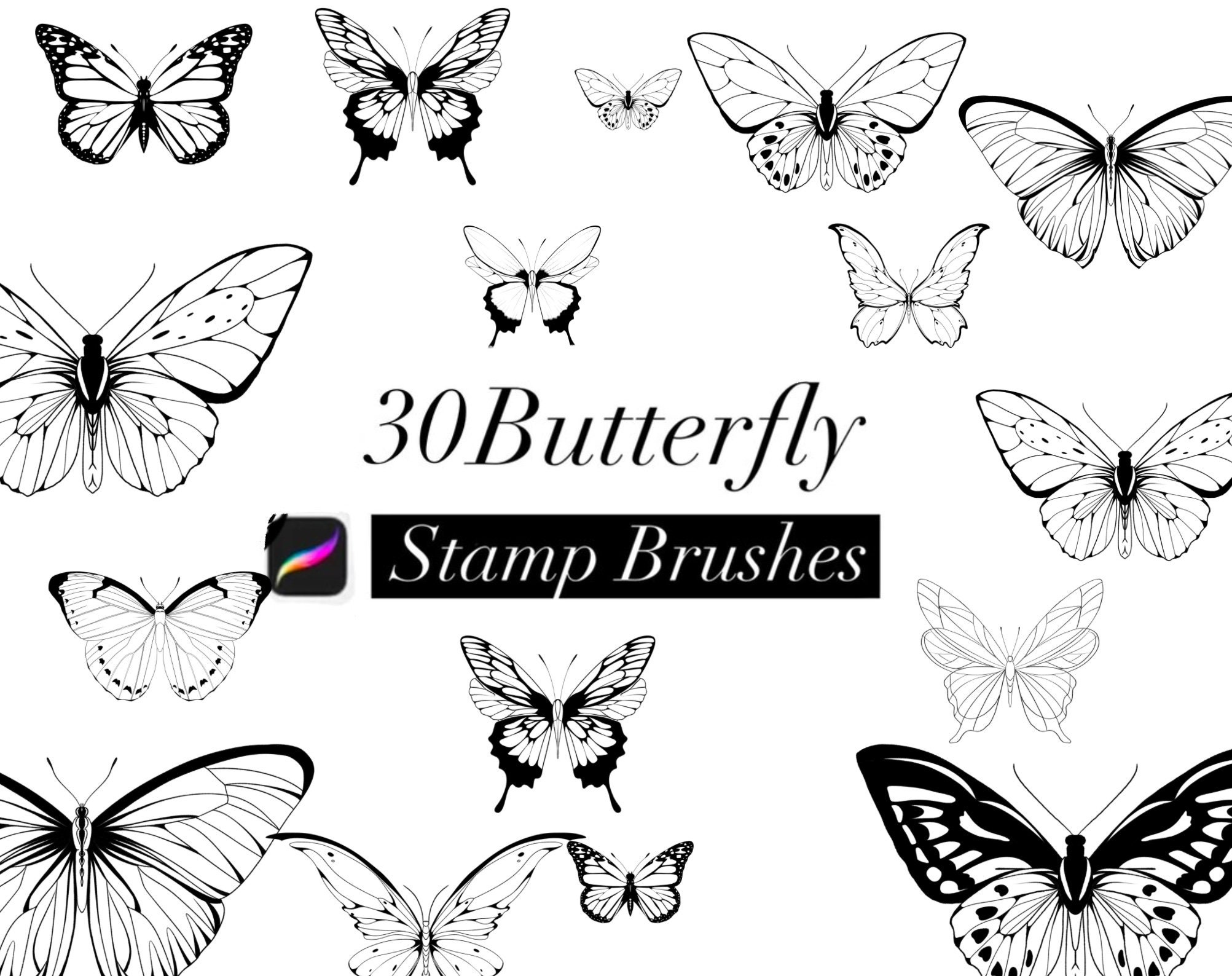 30 Butterfly Stamps for Procreate, Reproduction Butterfly Stamps
