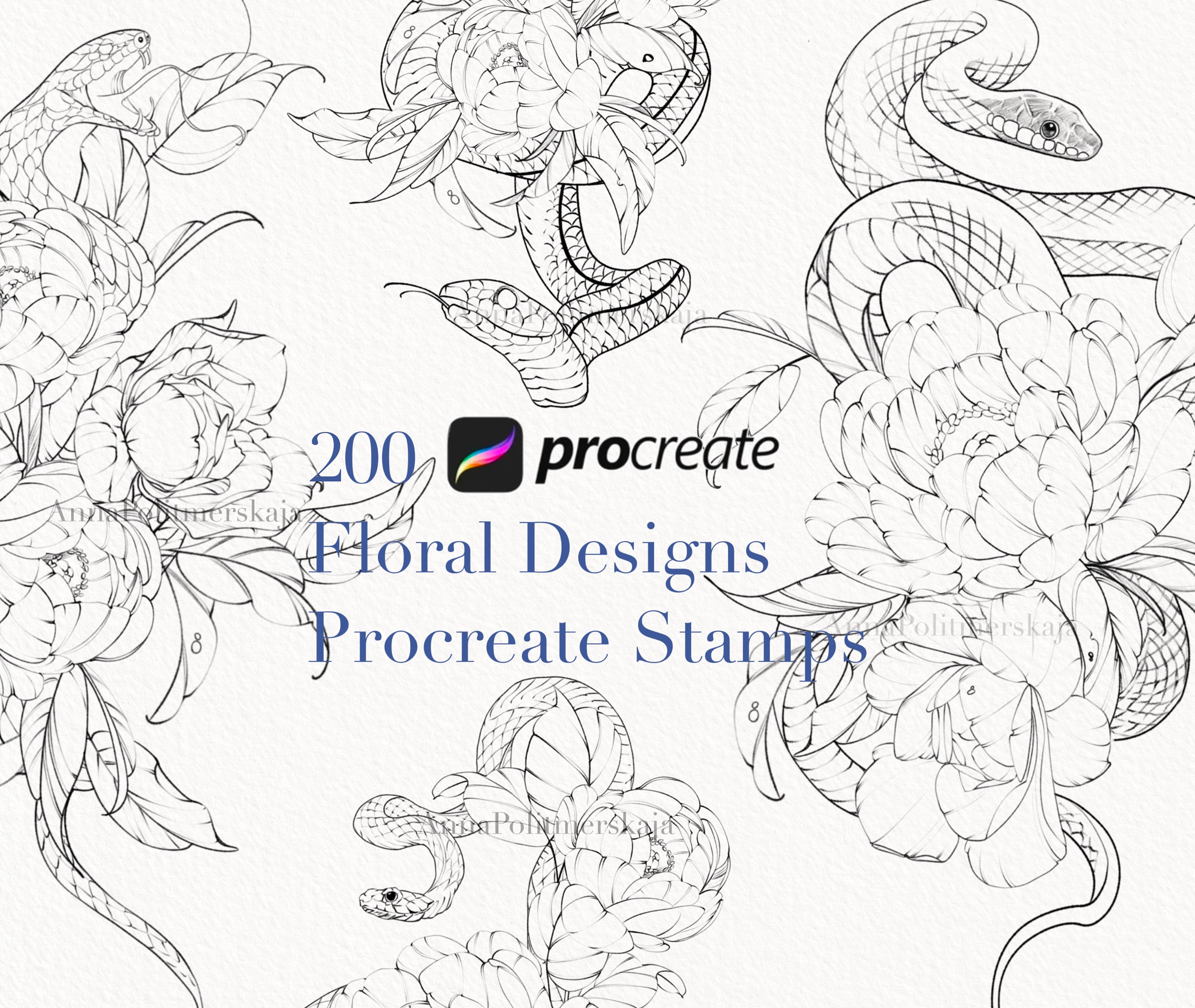 Procreate Snake stamps with flowers. big set tattoo