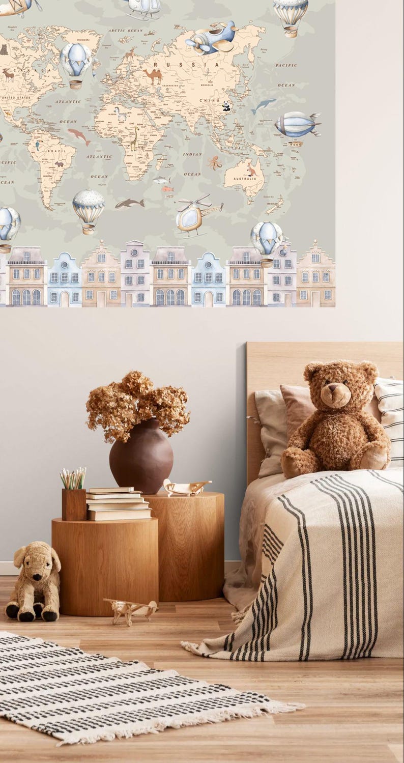 World Map Wall Decal for Kids, Pastel Nursery Map Wall Sticker, Large ...