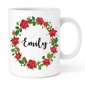 Personalized name mug cup floral wreath, Printed Mug, Custom mugs