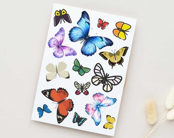 May include: A sheet of colorful butterfly stickers with various designs and colors, including blue, purple, yellow, orange, and white.